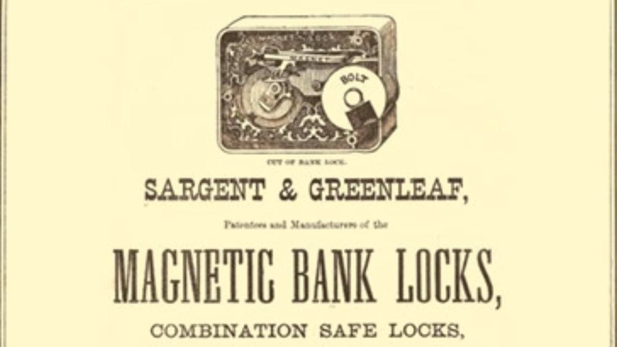 Sargent & Greenleaf trade advertisement for magnetic bank locks and combination safe locks, 19th century