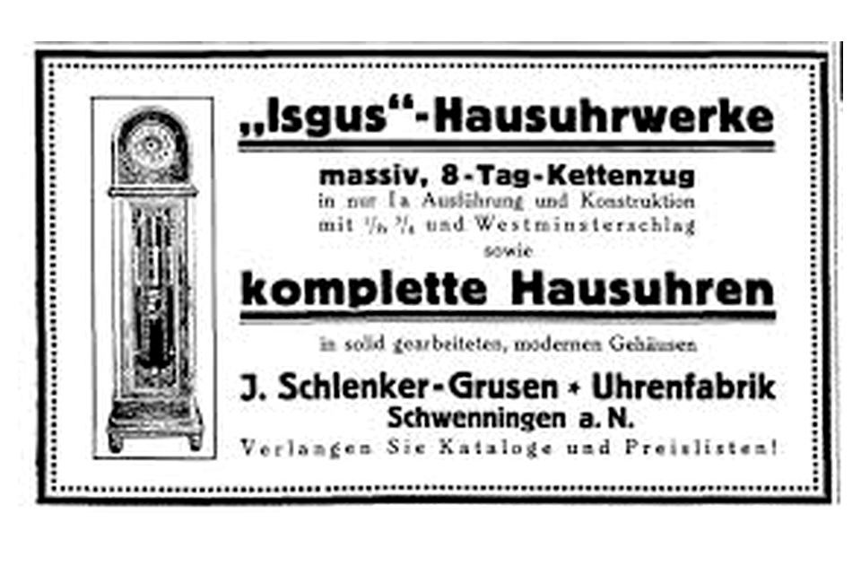 Isgus-Hausuhrwerke clockworks advertisement, Schwenningen, Germany