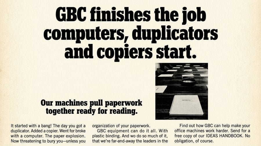Vintage GBC print advertisement — GBC finishes the job computers, duplicators and copiers start